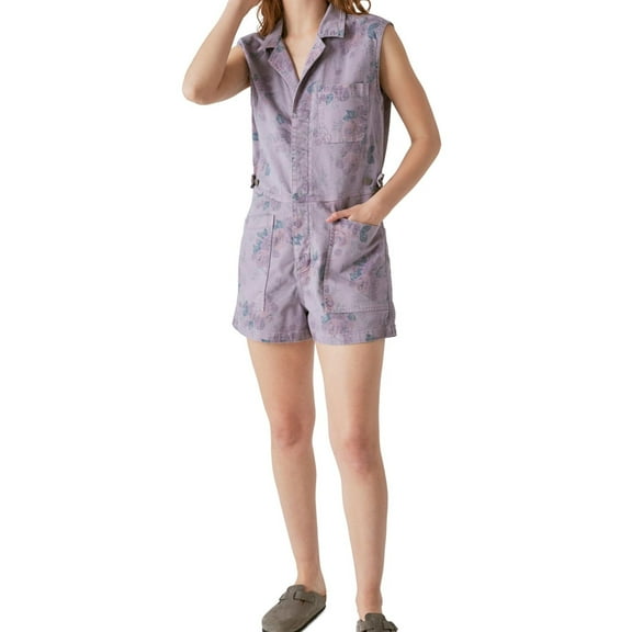 Lucky Brand Womens Laura Ashley Printed Coverall Shorts Jumpsuit, Purple, Large