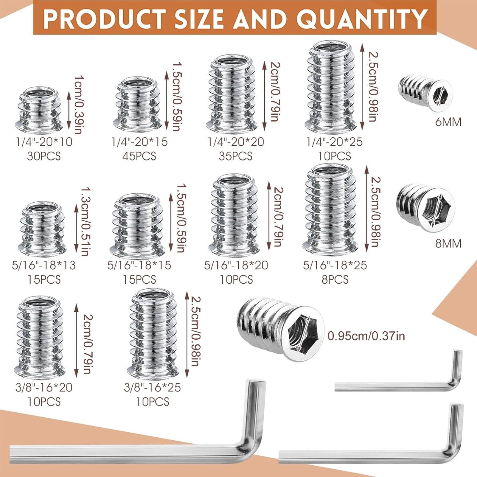 Wood Threaded Insert Socket Fastener Set Hex Wrench Spanner for Furniture Woodworking Craft (A)