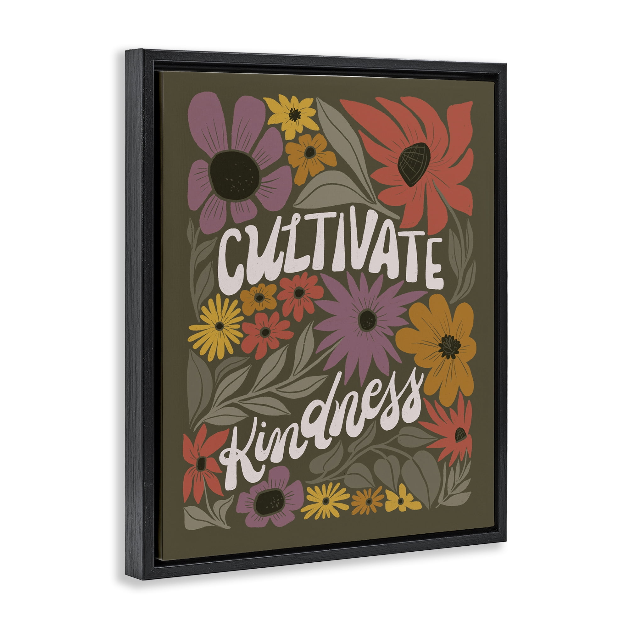 Stupell Industries Groovy Cultivate Kindness Plants & Flowers Painting Black Floater Framed Canvas Art Print Wall Art, 17 x 21