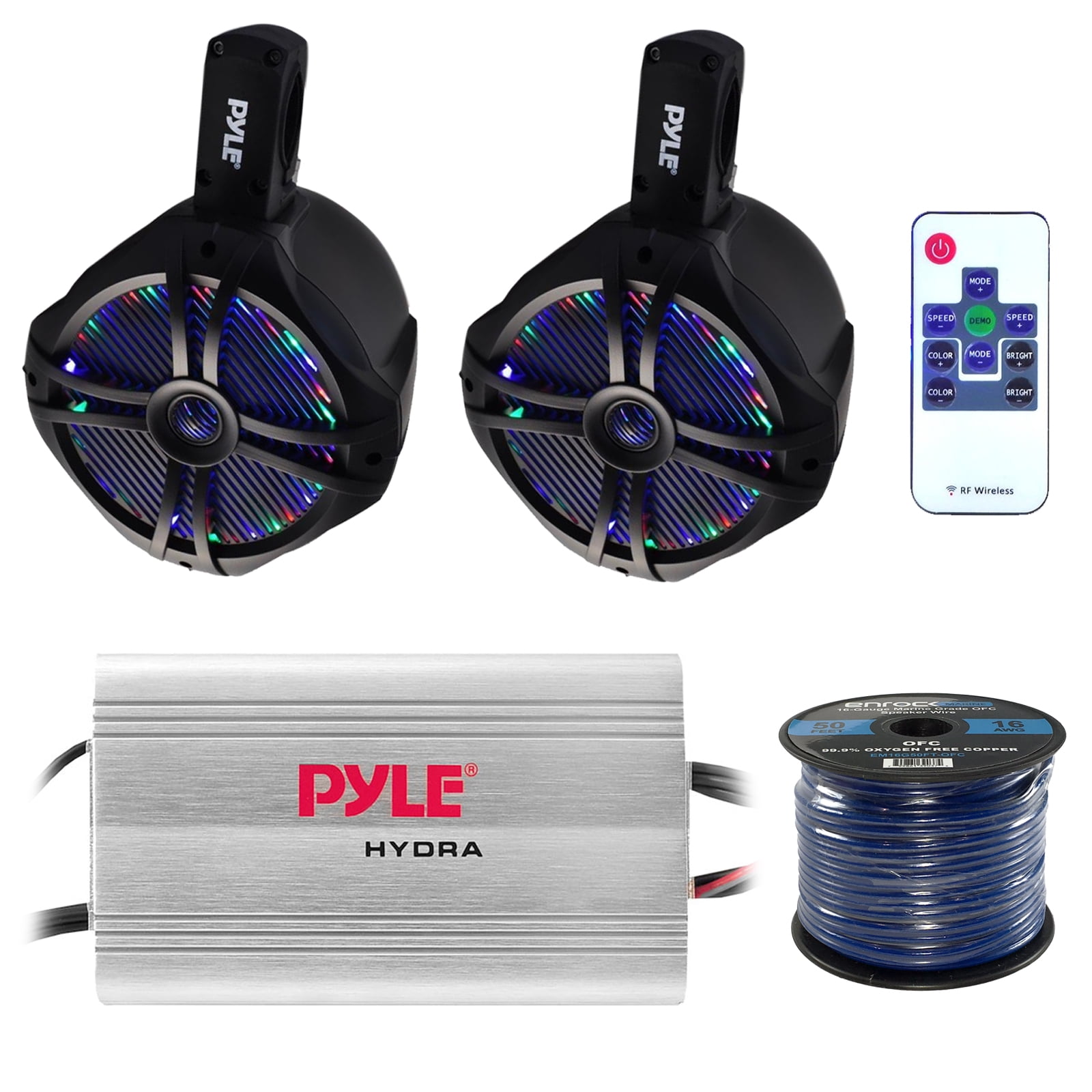 Marine Speaker And Amp Combo: Pyle PLMRMP3A 4 Channel 1200 Watt Waterproof  MP3 Power Amplifier Bundle With 2x 8" 260W Wakeboard Waterproof LED Light  Tower ...