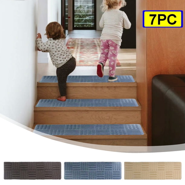 Juego de alfombras de escalera antideslizantes de 7 piezas, alfombra absorbente a rayas para escalera, autoadhesiva, lavable, cortable, silenciosa, 76x20cm/30x8in, gris oscuro/café/beige, acrílico