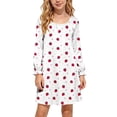 thumbnail image 2 of Spazoro Girls Night-gown Dress, Lightweight Round Neck Ruffled Cuff Strawberry Print Long Sleeve Silky Soft Loungewear Dress for Kids White Size 11-12, 2 of 8