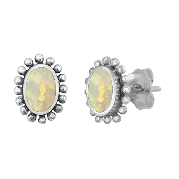 Sterling Silver Boho Flower Oval Bali Style Halo Earrings White Simulated Opal Jewelry Female Unisex