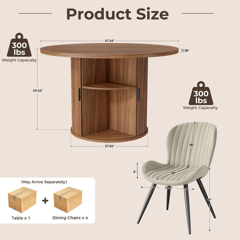 Hawsaiy 5-Piece Dining Table Set for 4, 47" Round Dining Table Set with 4 Upholstered Dining Chairs, Modern Farmhouse Table Set for Dining Room (Walnut+Beige)