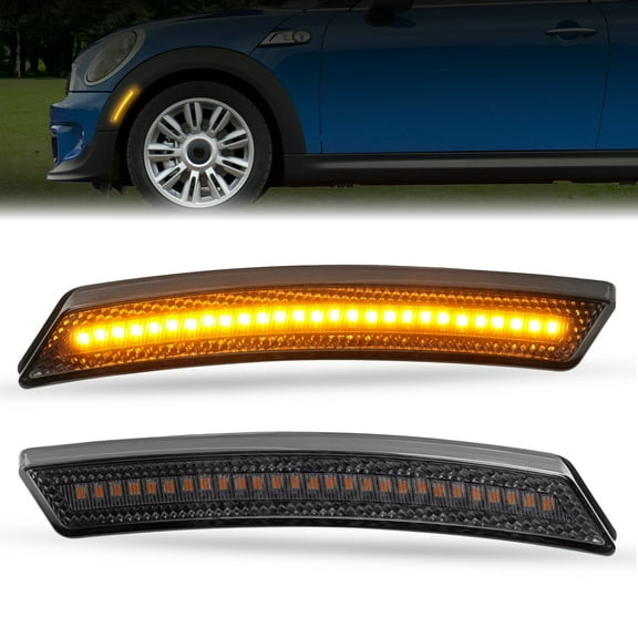 Kojem 2Pcs Side Marker Light for 2007-2016 Mini Cooper R55 R56 R57 R61 Replacement for 63132751331 63132751332 Front Side Light Lamp Left & Right Smoke Lens & Amber Full LED
