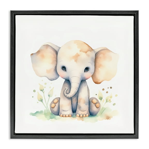 Stupell Industries Sitting Baby Elephant Animals Painting Black Floater Framed Canvas Art Print Wall Art, 18 x 18