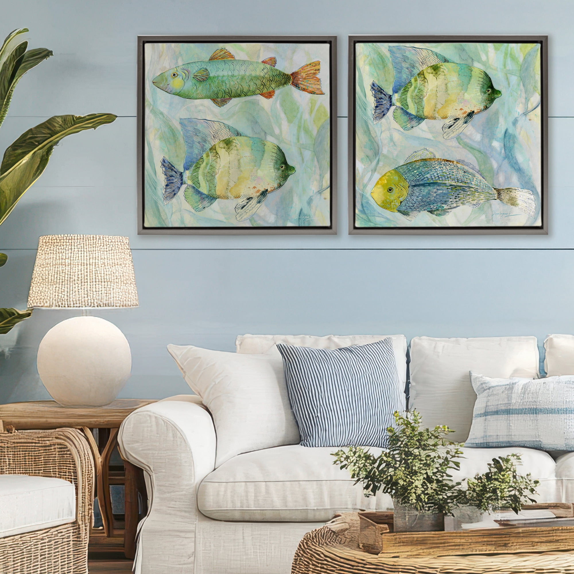 Stupell Industries Sweet Fish Aquatics 2 Piece Gray Framed Floater Canvas Set, design by Lorenzo Collective
