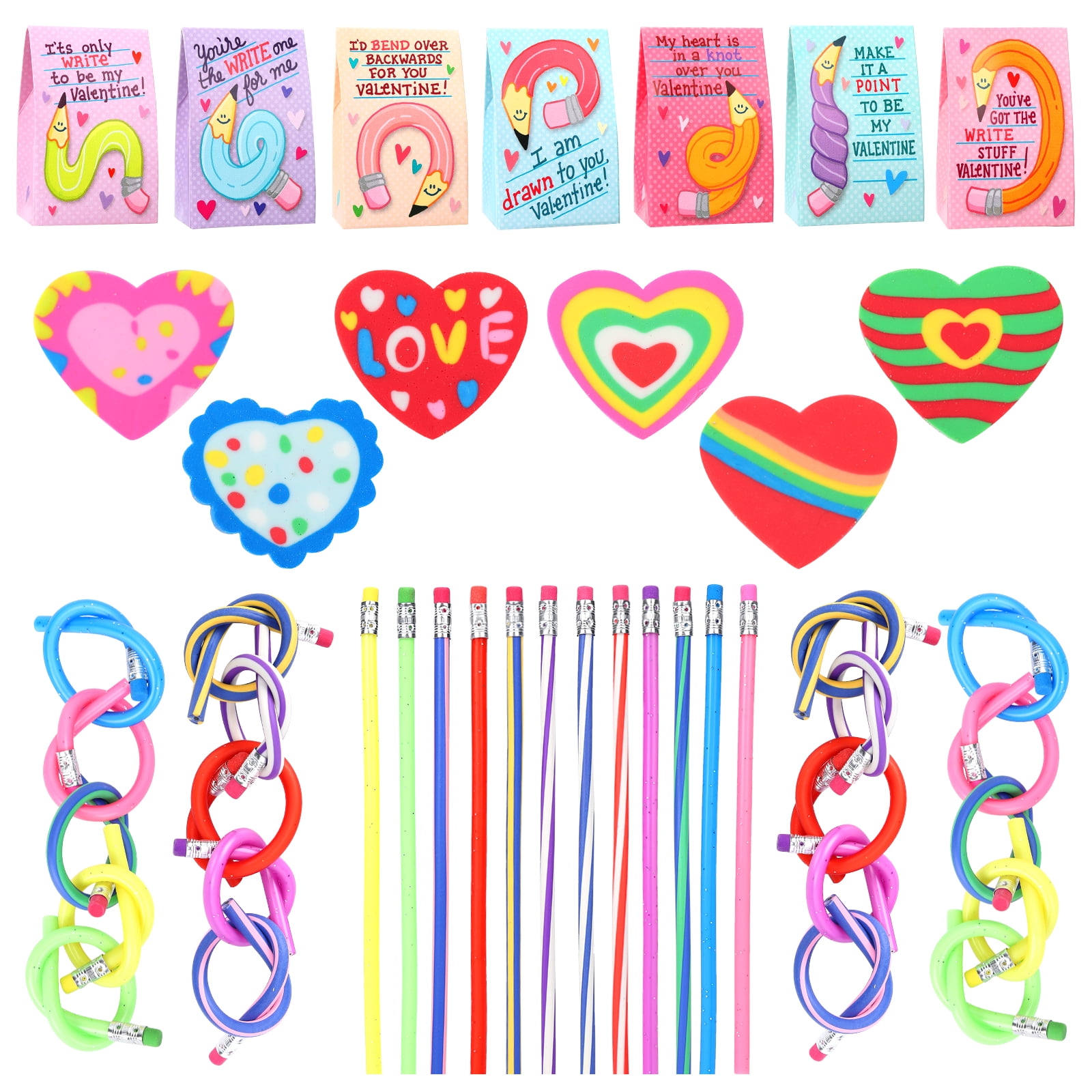 JOYIN 28 Pcs Valentine's Day Bendy Pencils Cross Through Heart Shaped Valentine Cards for Valentine's Party Favors,Gift Card, Greeting Card.