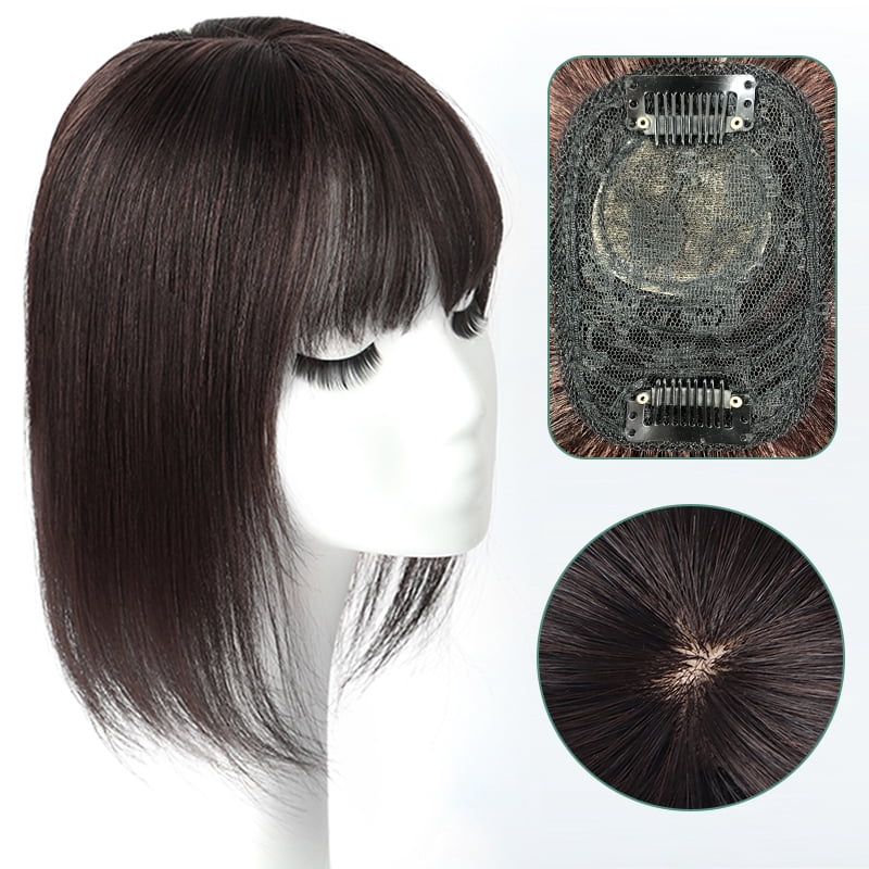 viviabella Hair Toppers for Women Clip in Human Hair Pieces With Bangs 8” 12” Silk Base Crown Top Toupee Fringe for Loss Thinning Hair Replacement Extensions for Straight Hair