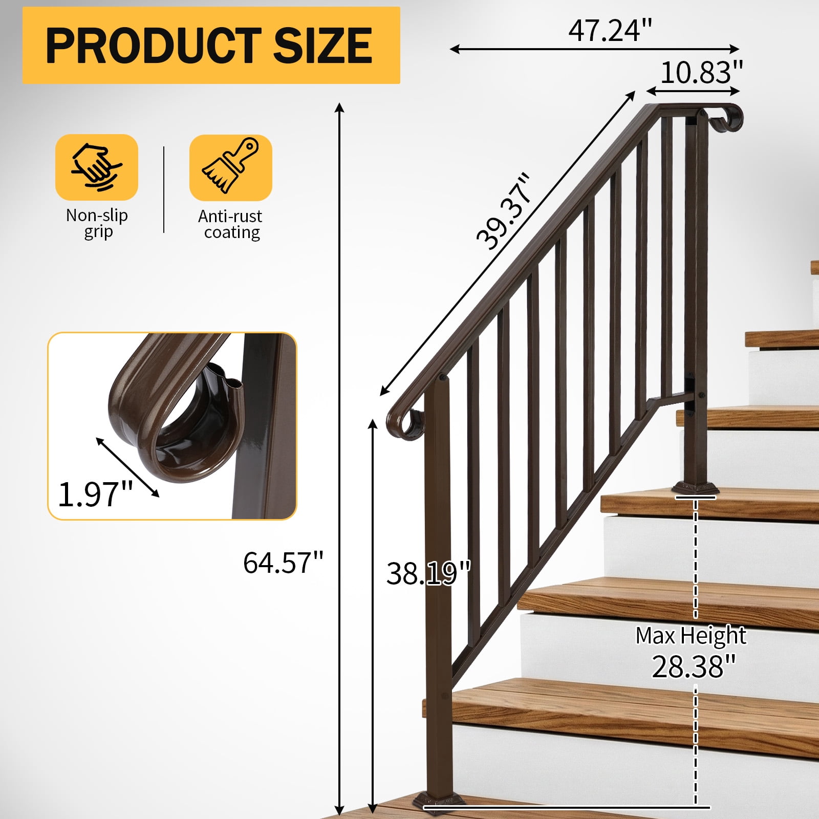 Copper Powder Coated Galvanized Iron Stair Handrail Curved Step Railing Fit 3-4 Steps Outdoor Garden Safety Picket Rail With Full Installation Hardware