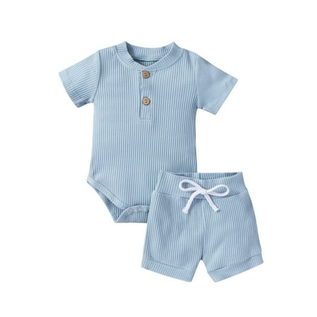 

QWERTYU Toddler Baby Child Girl Boy Clothing Set Short Sleeve Summer Outfit Button Bodysuit and Shorts Set Sky Blue