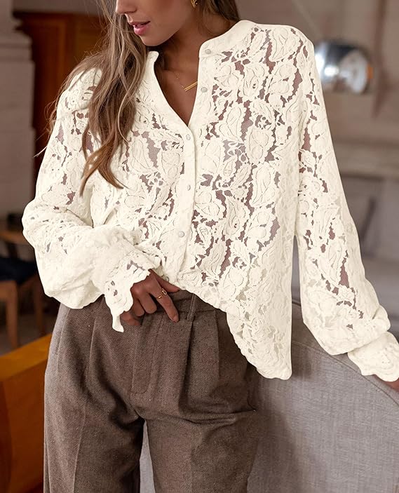 PRETTYGARDEN Women's Lace Blouse, Long Sleeve, Beige photo 3