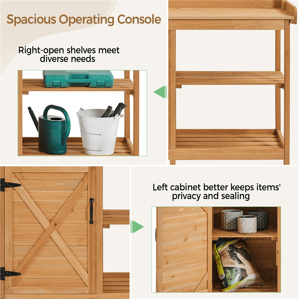 Renwick 4-layer Garden Work Bench with Cabinet & Open Shelf, Wood