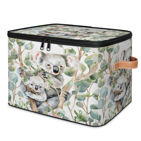 CURLYOOT Cute Koala Fabric Storage Bins with Lids Animals Watercolor Wildlife Foldable Storage Boxes Washable Storage Cube Closet Bedroom Home Organizer Containers with PU Leather Handles