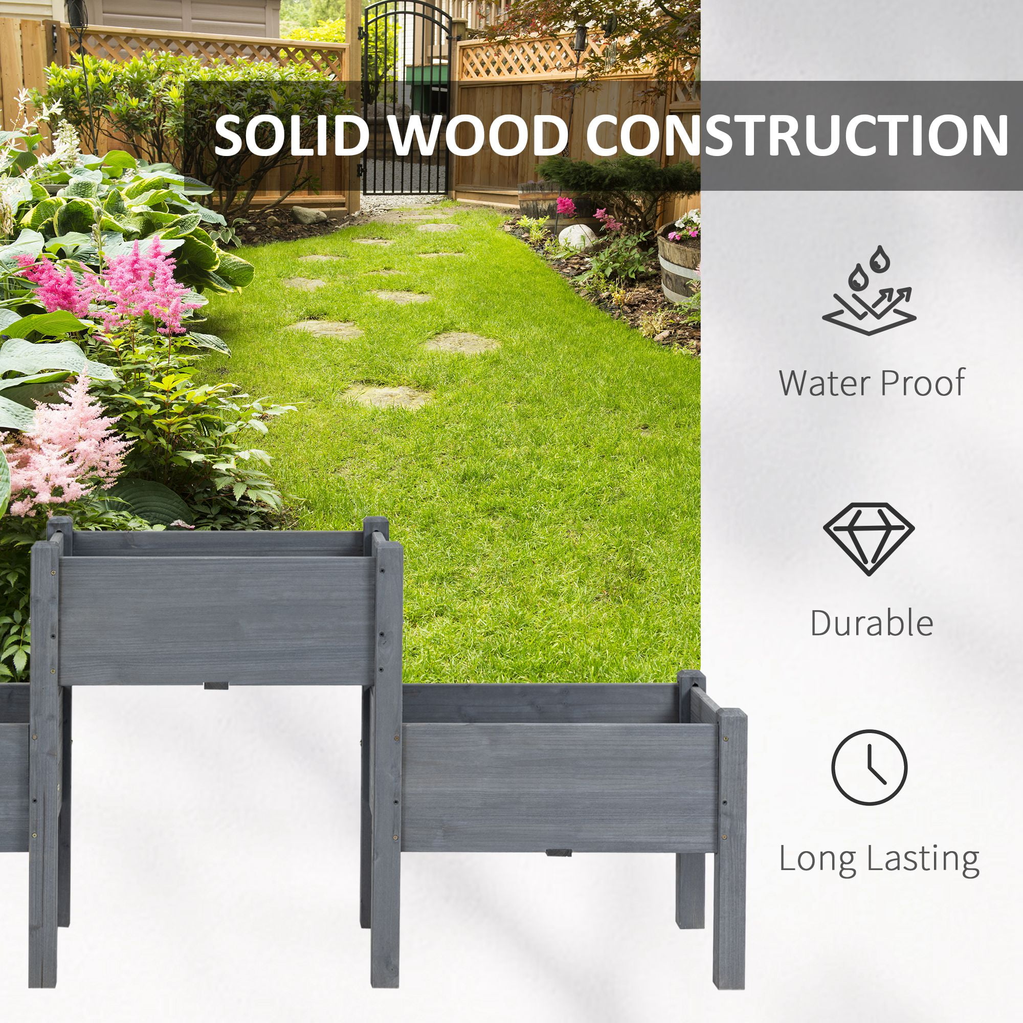 Outsunny 73" x 18" x 32" Raised Garden Bed w/ Three Elevated Planter Box, Freestanding Wooden Plant Stand for Vegetables, Herb, Flowers, Gray