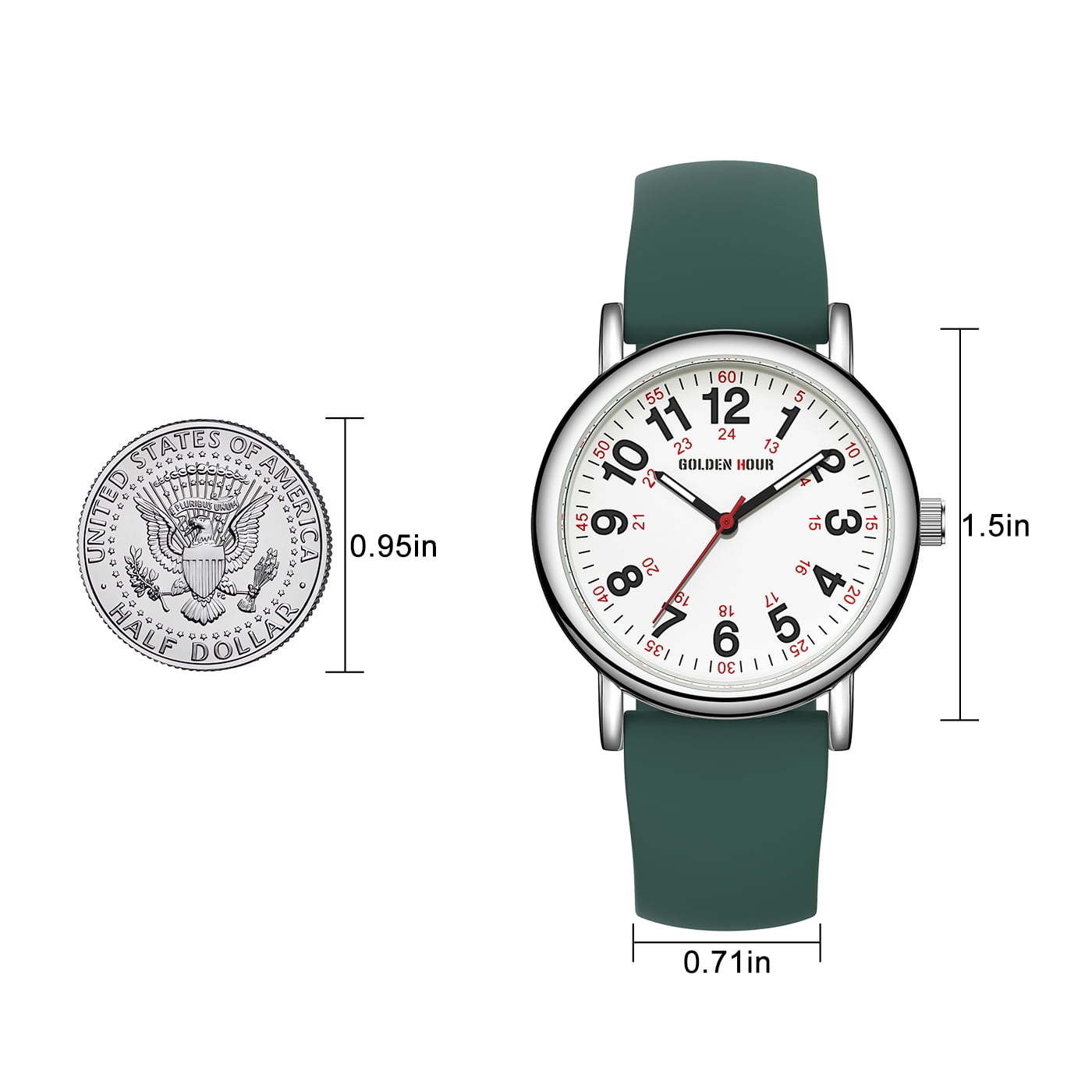 GOLDEN HOUR Waterproof Nurse Watch for Medical Professionals, Students Women Men - Military Time Luminouse Easy Read Dial, 24 Hour with Second Hand, Colorful Silicone Band