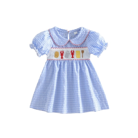 BemeyourBBs Toddler Baby Girl Crayfish Summer Gingham Dress Little Girl Plaid Sundress Lobster Embroidered Puff Short Sleeve Doll Collar A-line Dresses