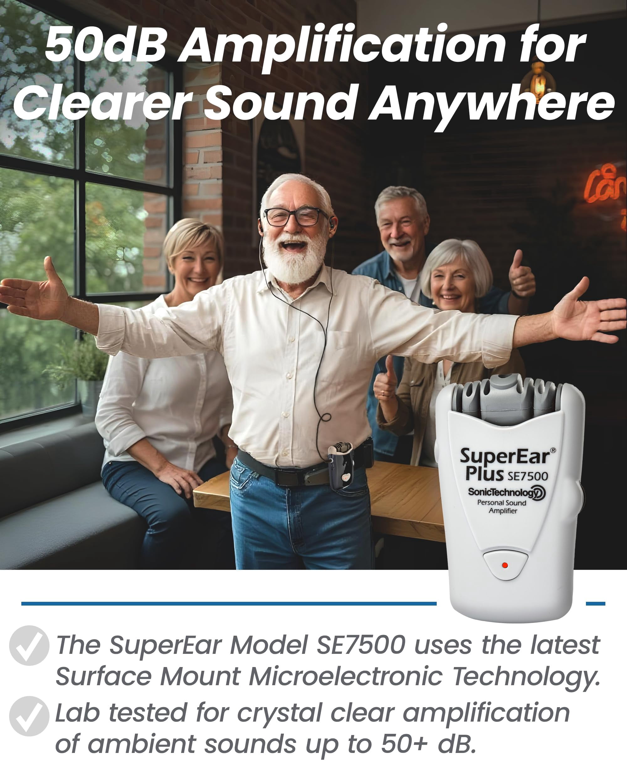 SuperEar Plus SE7500 Personal Sound Amplifier by Sonic Technology with Headphone & Earbud, Case, Extra Batteries & Liberty Microfiber Cleaning Cloth