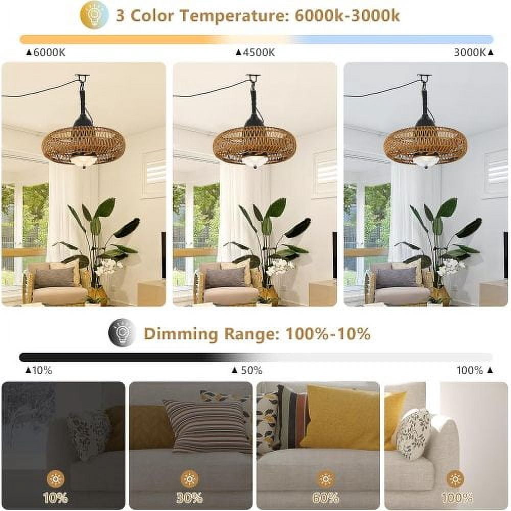 ACE-LIGHTS,2-In-1 Waterproof Outdoor & Indoor Dimmable Rattan Ceiling Fan with Lights & Remote Control,3 Color Modes for Gazebo,Patios,Living Room,Dining Room,Bedroom,Kitchen,Office(Brown).