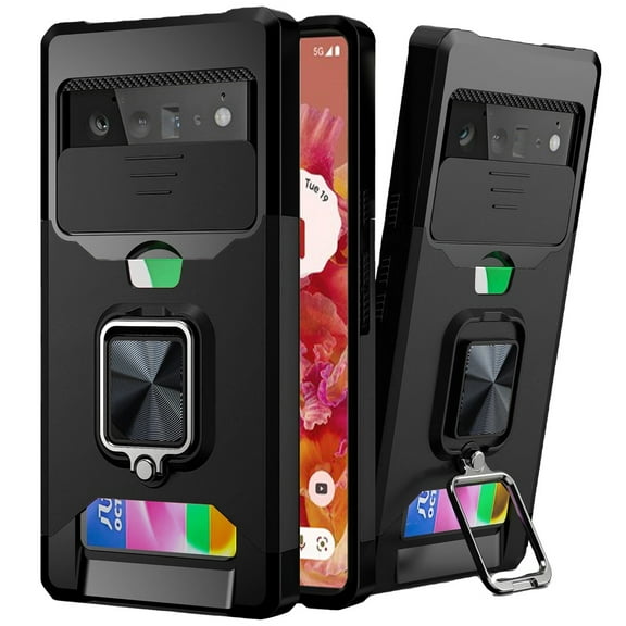 For Apple iPhone 13 Pro (6.1") Wallet Case with Ring Stand & Slide Camera Cover Credit Card Holder, Military Grade Hard Cover ,Xpm Phone Case [ Black ]