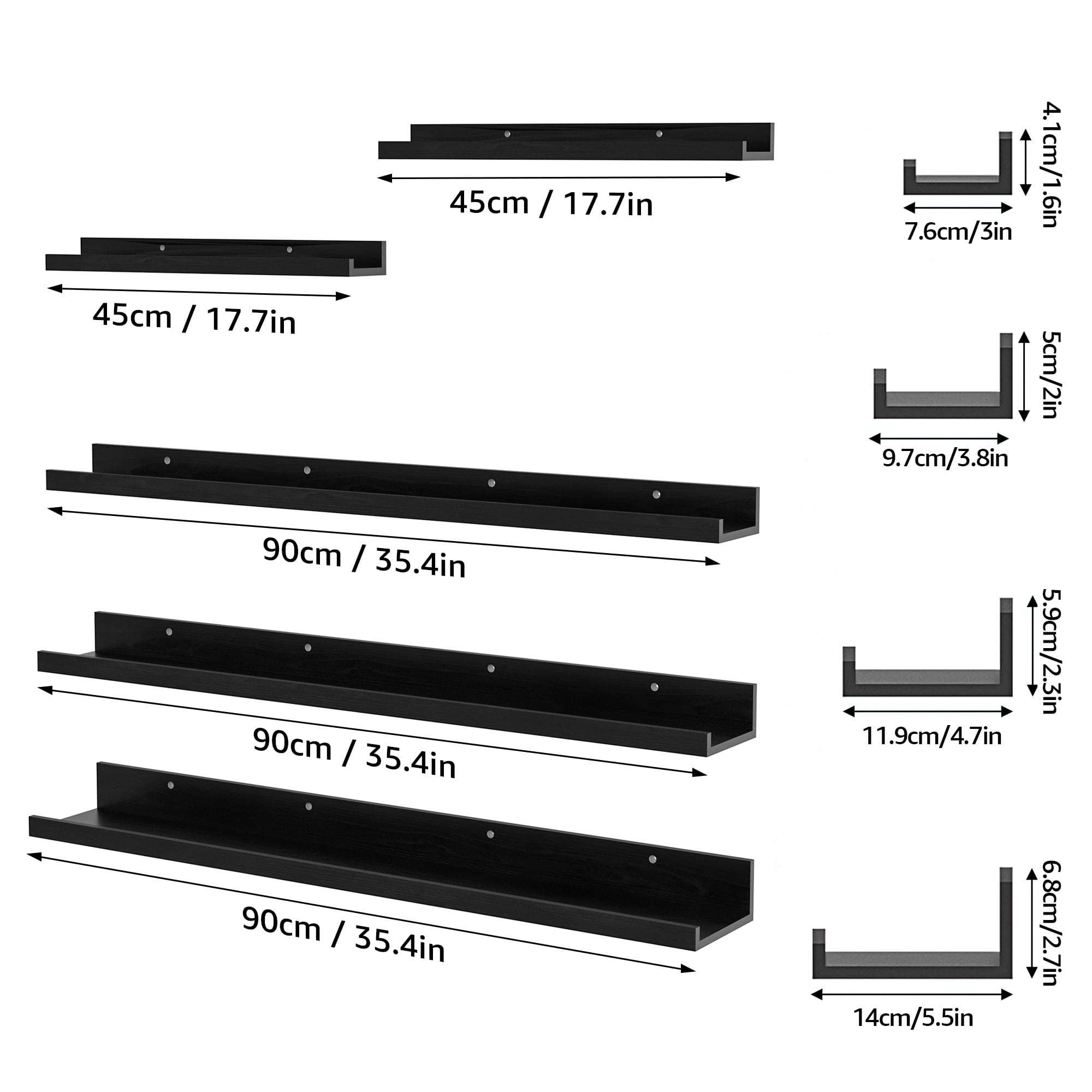 Floating Shelves for Wall Set of 5,Large Wall Shelves for Bathroom, Bedroom, Kitchen, Living Room Storage and Decoration, Black Picture Ledge