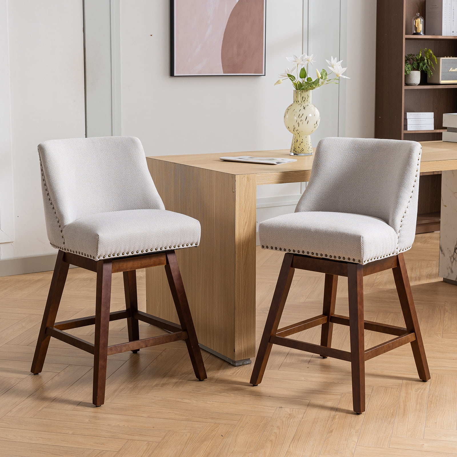 Modern Swivel Bar Stools Set of 4, Beige Counter Height Bar Stools with Back for Kitchen Island, Fabric Upholstered Island Chairs with Wood Legs, Barstool Chairs, Sillas para Barra de Cocina