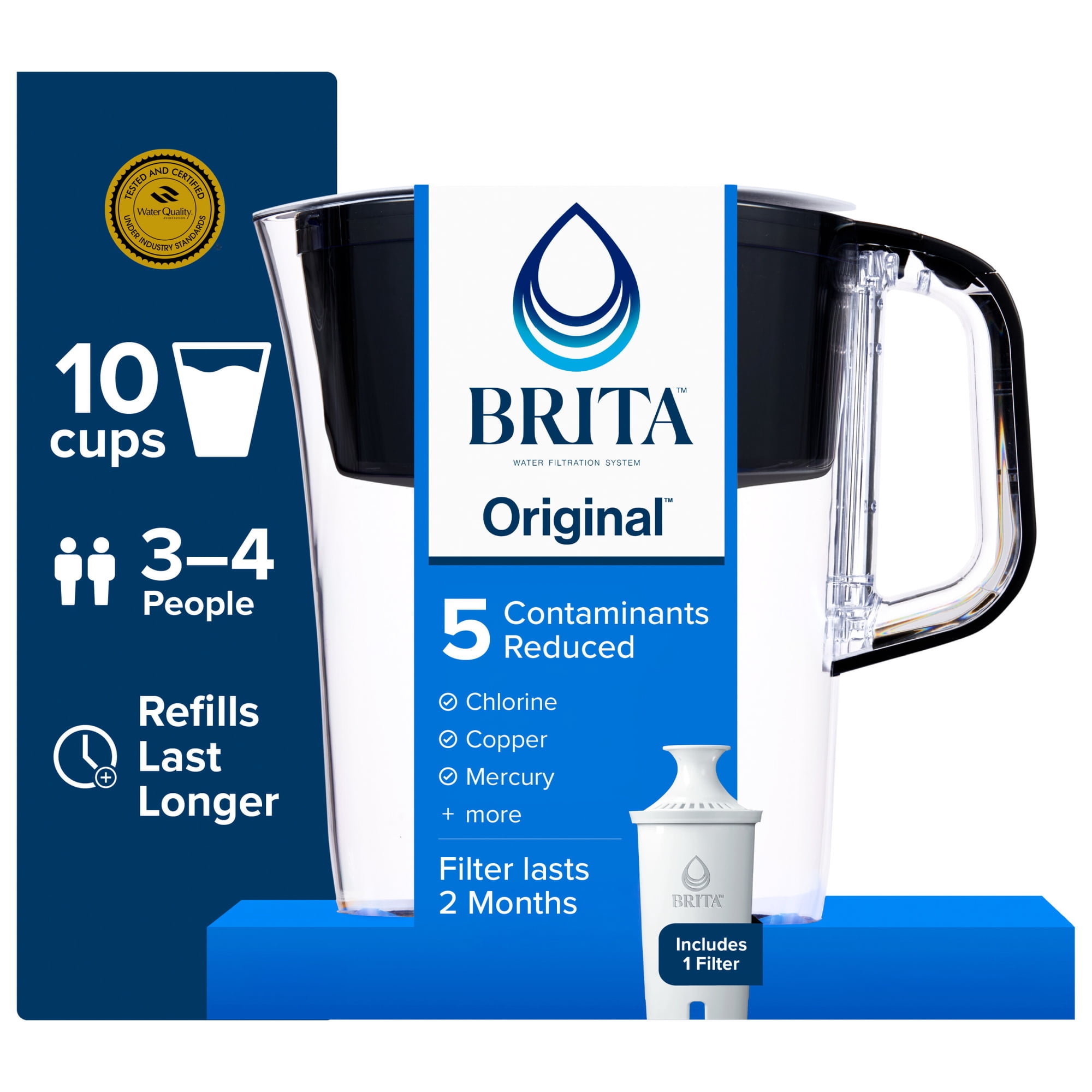 Brita 10 Cup Large Plastic Water Filter Pitcher Black BPA Free with 1 Standard Brita Filter