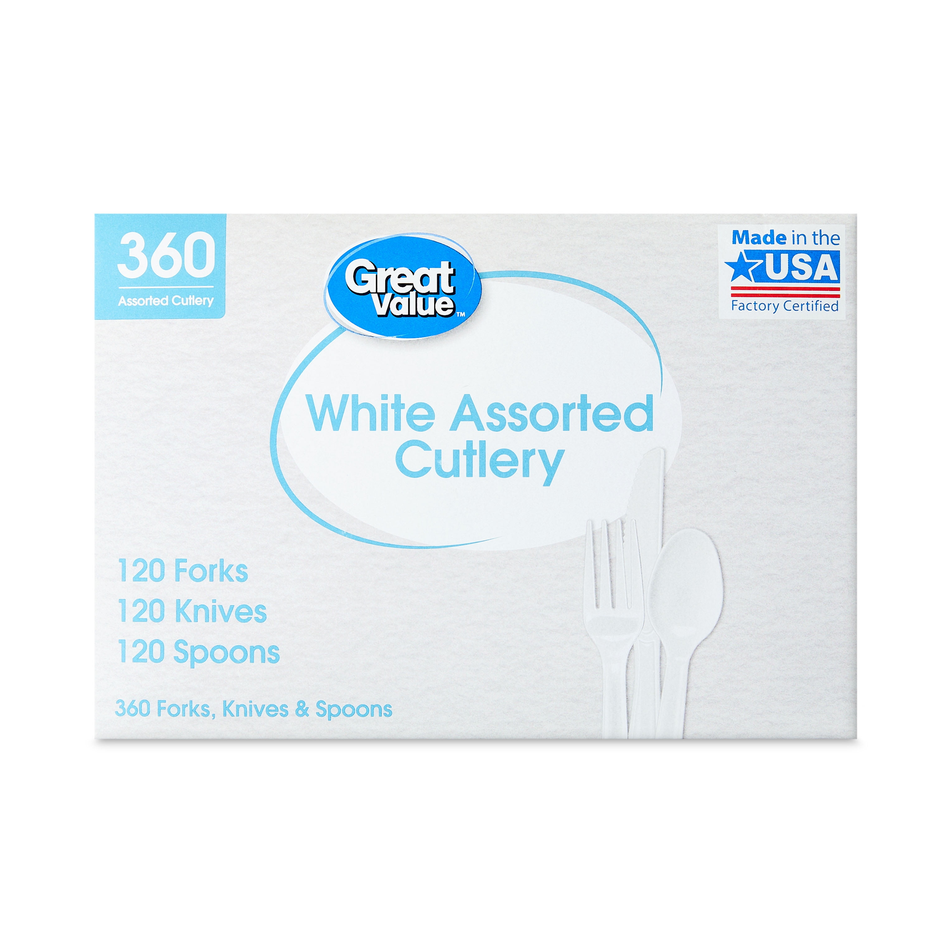 Great Value Everyday Assorted White Plastic Cutlery, 360 Count