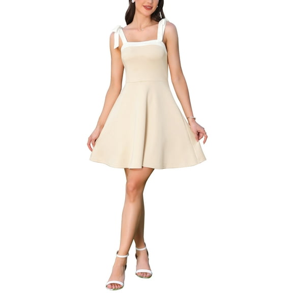 INSPIRE CHIC Summer Cami Dress for Women's Tie Shoulder Square Neck A-Line Elegant Contrast Mini Dress XS Beige