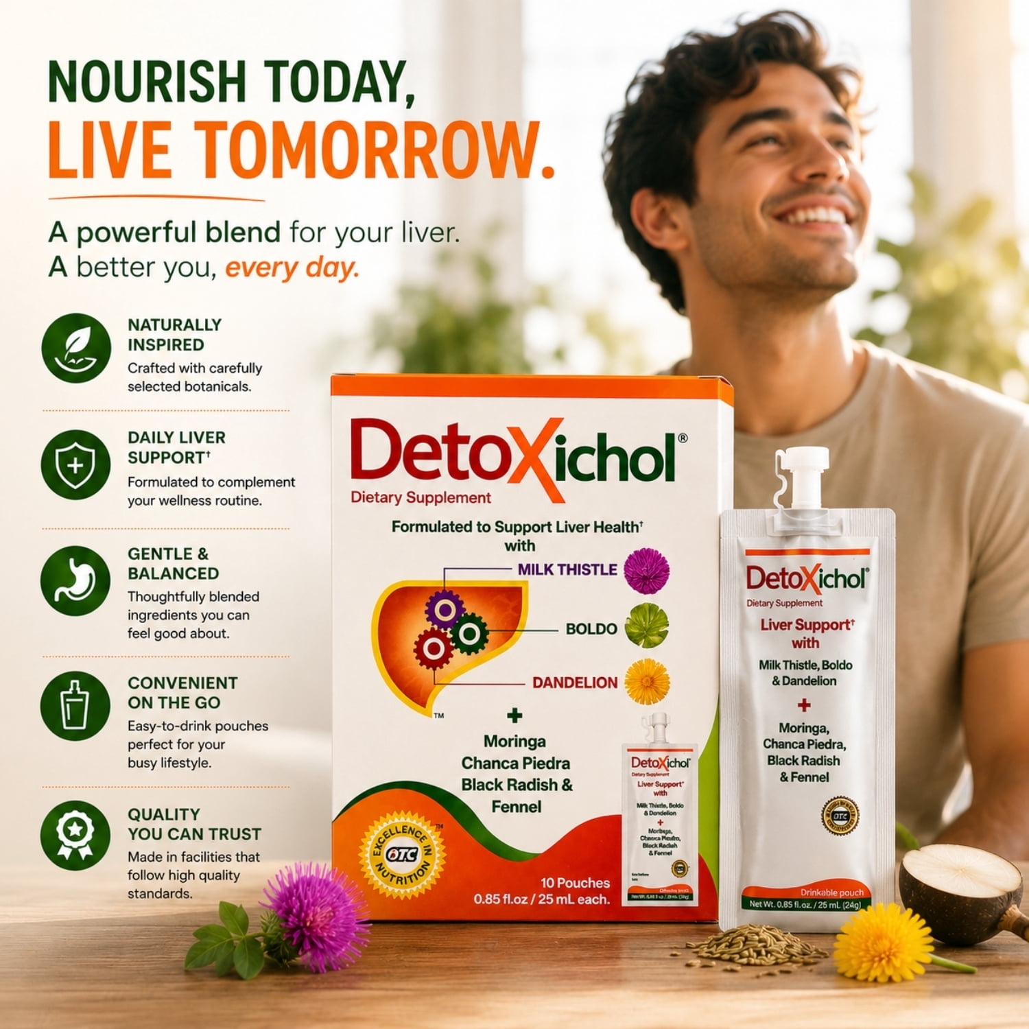 Detoxichol Dietary Supplement with Milk Thistle, Boldo, Dandelion, Moringa, Chanca Piedra, Black Radish & Fennel – 10 Drinkable Pouches (0.85 fl oz Each)