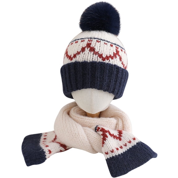 Xfvqtps Kids Child 2 PCS Beanie Scarf Set with Cute Plush Pompom Cuffed Printing Knitted Stretch Soft Thickened Windproof Coldproof Warm Winter Hat Scarf Set for 2-9 Years Navy