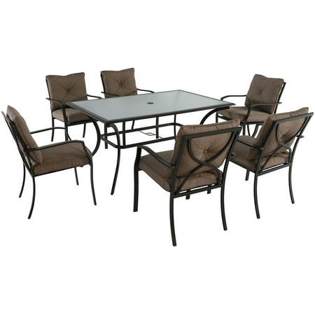 Hanover Palm Bay 7-Piece Outdoor Furniture Patio Dining Set 6 Cushioned Chairs and 38 x60 Glass Top Table PALMBAYDN7PC-TAN