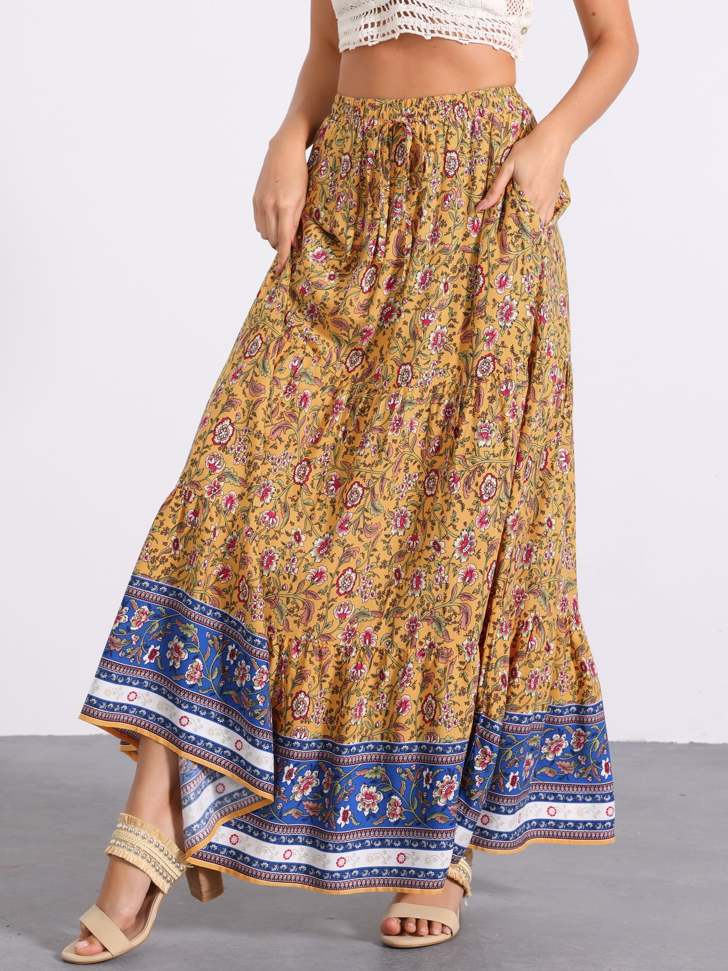 DARING DIVA Women's Boho Flare Floral Skirt XL Yellow