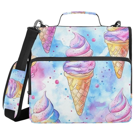 FORMRS Zipper Binder with Shoulder Strap 2-inch Ring 500 Sheet Capacity File Bag, Watercolor Ice Cream Pattern