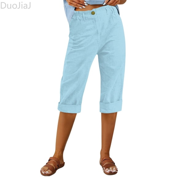 DuoJiaJ Capri Pants for Women 2025 Summer High Waist Casual Capris Straight Wide Leg Cotton Linen Pants Blue L