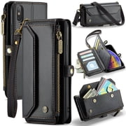 Crossbody for iPhone XS Max Case Wallet【RFID Blocking】with 10-Card Holder Zipper Bills Slot, Soft PU Leather Magnetic Shoulder Wrist Strap for iPhone XS Max Wallet Case Women