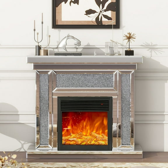 COSVALVE 1500W Mirrored Corner Electric Fireplace Freestanding Silver Firebox with 7 Colors 3D Realistic Flame