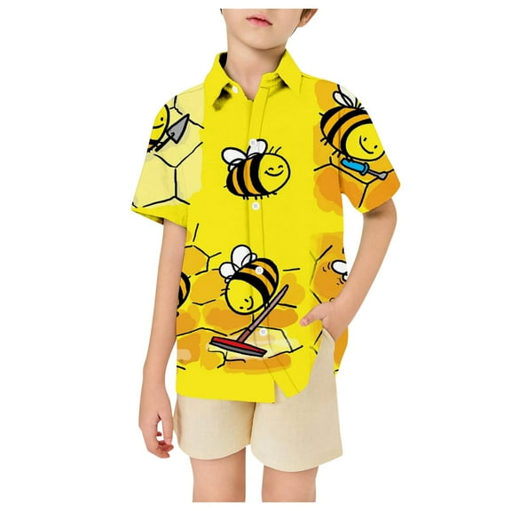 Byoo Toddler Boys Cute Button Down Shirt with Short Sleeves Bee Print Button-Up Shirt Casual Daily Sport Top,Yellow