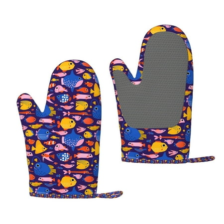 

Lukts Cute Flat Hand Drawn Fishes for Silicone Anti-Scalding Gloves Kitchen Lanyard Gloves for Grilling Baking Cooking