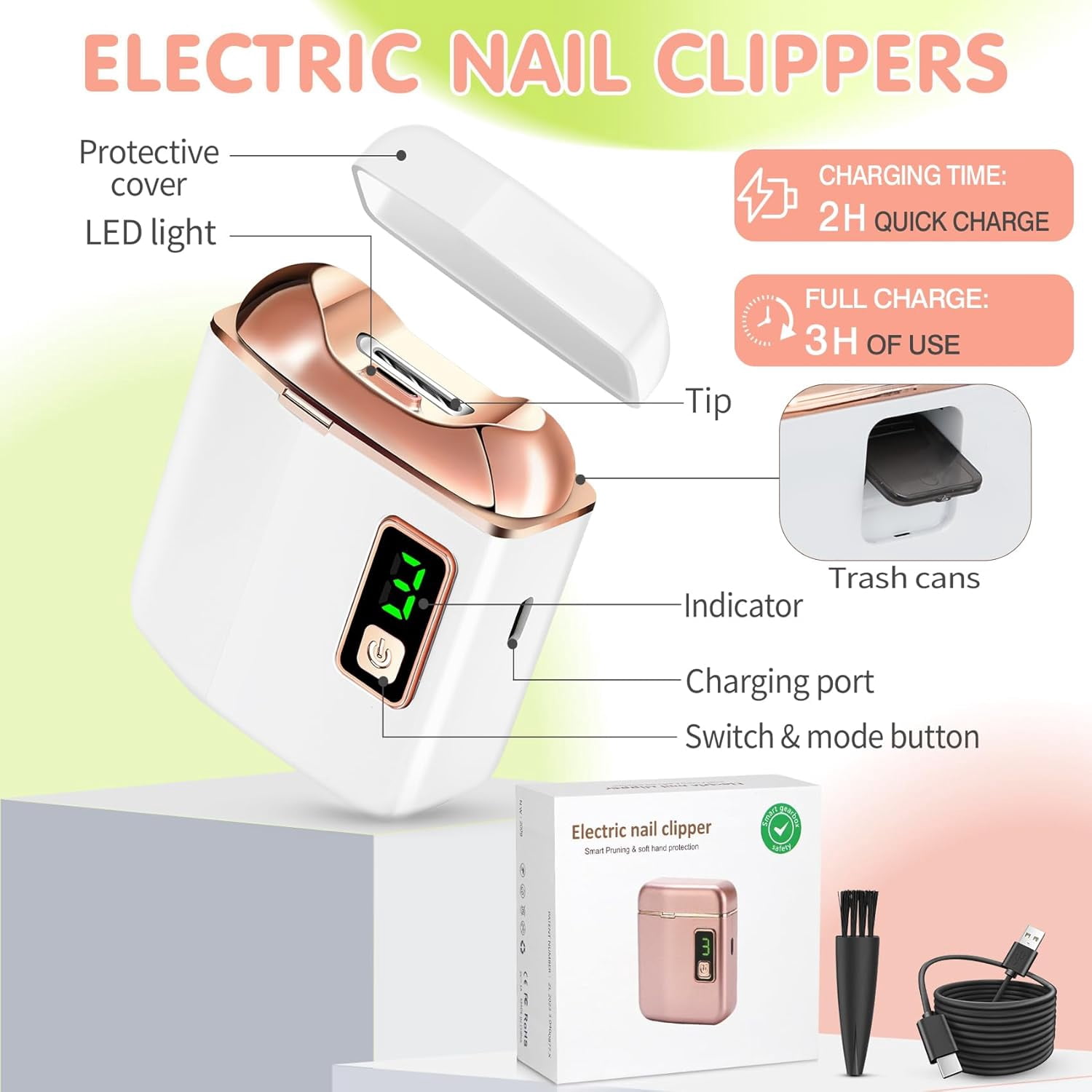 Aorsher Electric Nail Clipper with LED Light, USB Rechargeable Nail Trimmer, 3-Speed Fingernail Manicure for Seniors and Adults