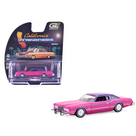 1975 Ford Thunderbird Lowrider Pink Metallic with Purple Top & Graphics & Interior 1/64 Scale Diecast Model Cars by Greenlight