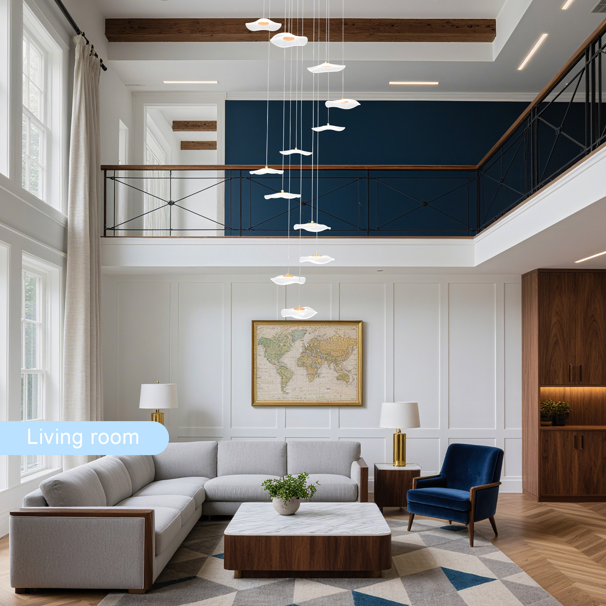 Modern Spiral Lotus Leaf Chandelier - Dimmable 12-Light LED Pendant with Remote for High Ceilings