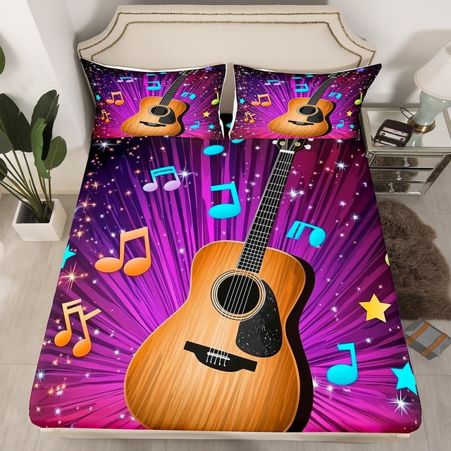 Drap-housse Guitare Notes de Musique Scintillantes Ensemble de Literie Simple, Draps d'Instruments de Musique pour Enfants Garçons Filles Adolescents Décoration de Chambre Dégradé Violet (Sans Drap Plat)