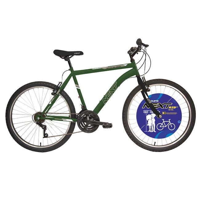 Bicicleta Next Tipo Montaña Rodada 29 en verde y negro con cuadro de acero, suspensión rígida, 18 velocidades y frenos tipo V. Ideal para ciclismo de montaña en terrenos variados y paseos recreativos, también adecuada para entrenamientos exigentes.