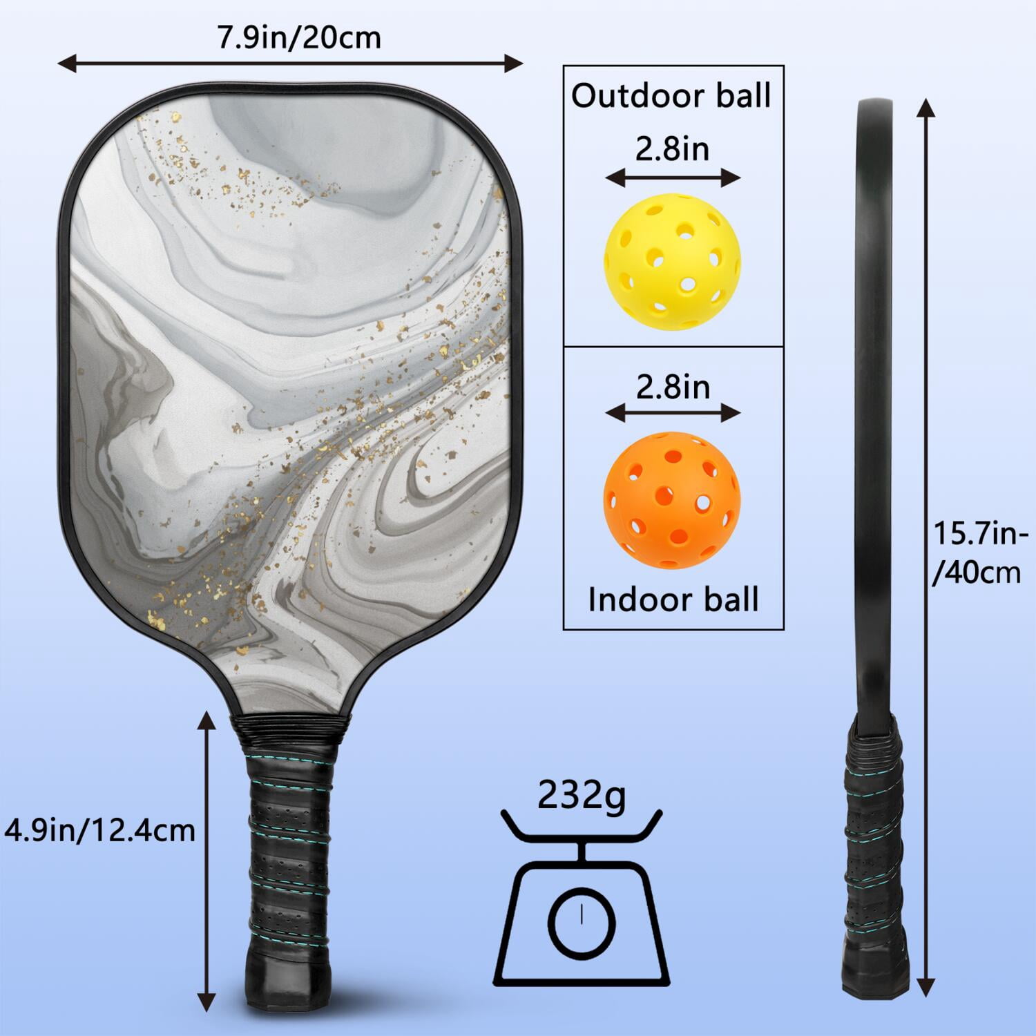 Pickleball Paddles Set Of 2, Fiberglass Surface, Turquoise Marble Pattern, 4 Balls & Bag