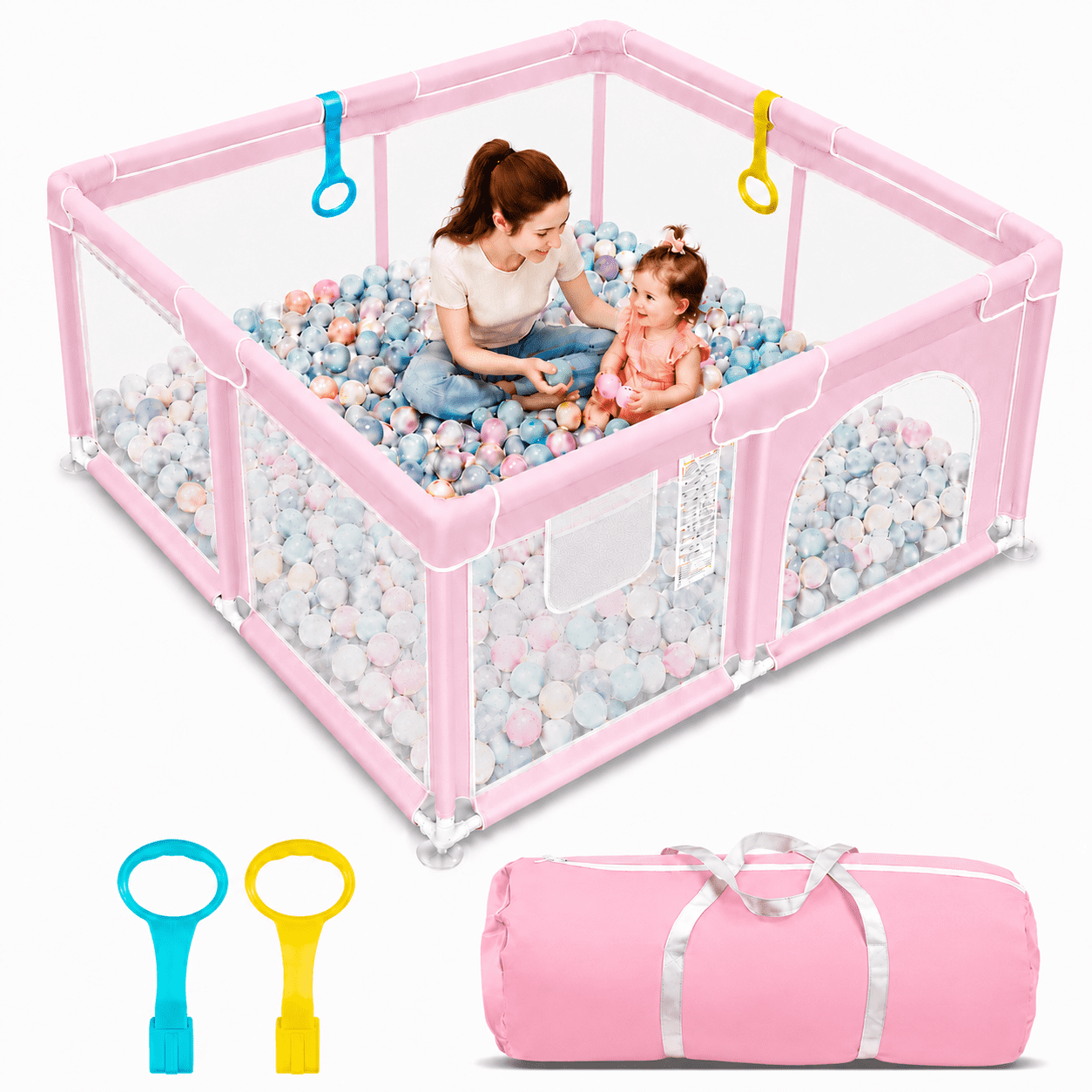 47*47Durable Playpen for Babies - Portable Toddler Playpen with Soft Breathable Mesh, for Indoor and Outdoor Use(Playpen Only (No Anti-Slip Mat),Pink)