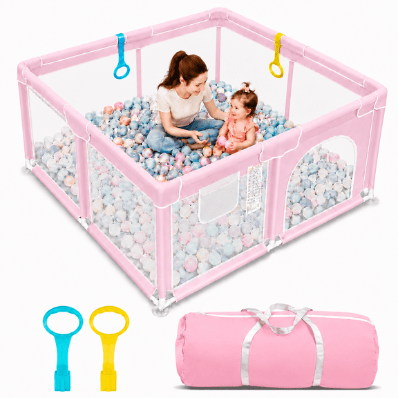 47*47Durable Playpen for Babies - Portable Toddler Playpen with Soft Breathable Mesh, for Indoor and Outdoor Use(Playpen Only (No Anti-Slip Mat),Pink)