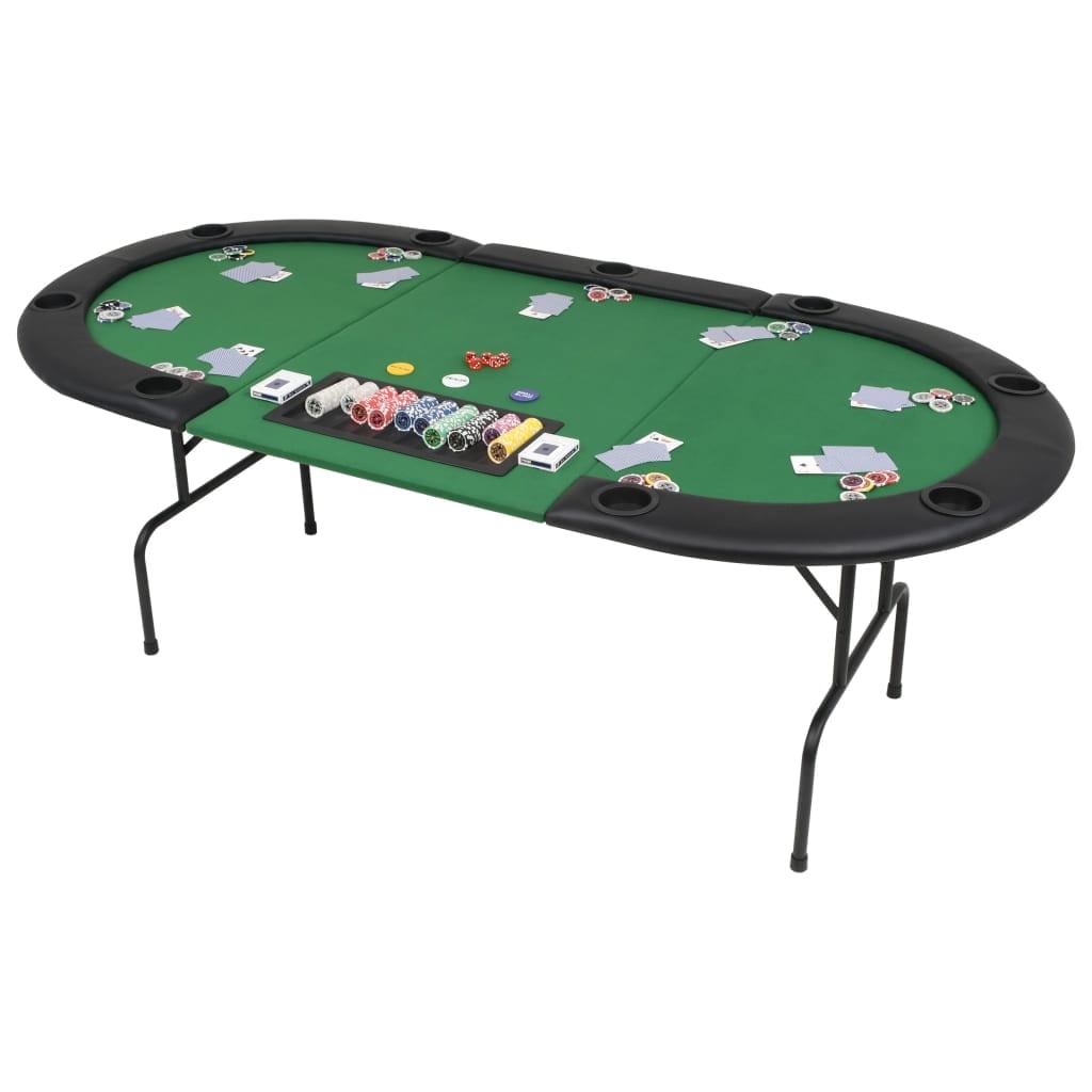 Mesa De Póker De 10 Jugadores Con Bandeja Extraíble – 500 Fichas Incluidas, 9 Posavasos De Acero, Superficie De Fieltro Azul, Patas De MDF, Fácil Montaje