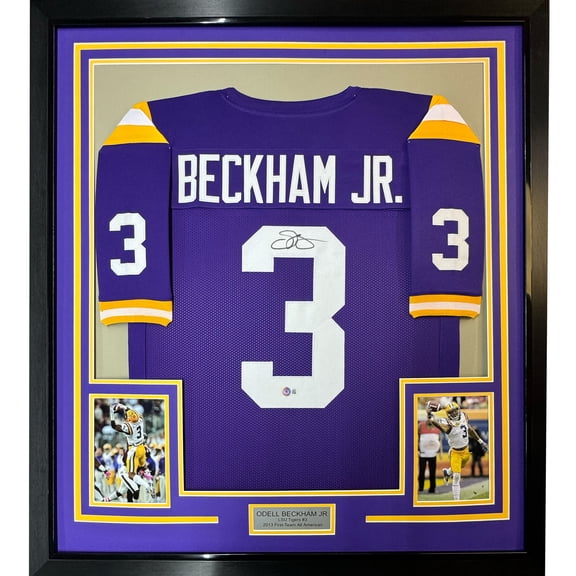 Framed Autographed/Signed Odell Beckham Jr. 35x39 LSU Purple College Football Jersey JSA COA