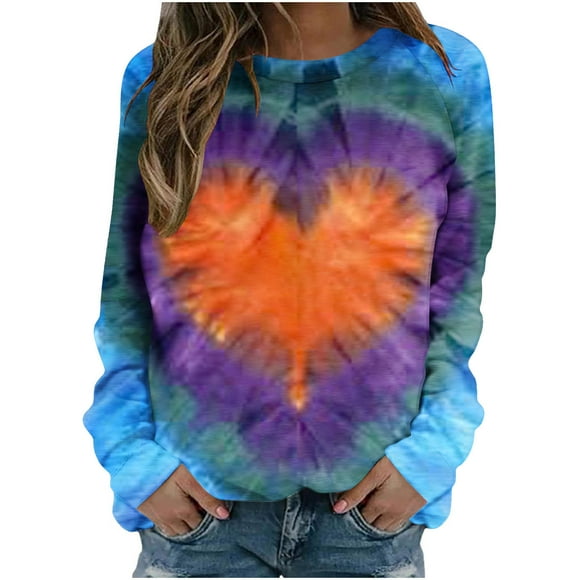 Clearance-Sale Round Neck Trendy Tie dye Print Graphic Tees for Women Long Sleeve Heart Shape Print Going Out Tops(Navy,XL)